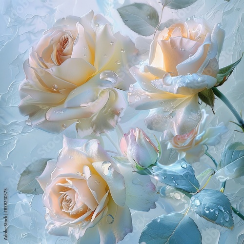 High-definition CG picture, real hand-painted impasto style, light pink and light yellow and light blue roses twining and blooming, petals and dewdrops are crystal clear, shrouded in light mist, whole