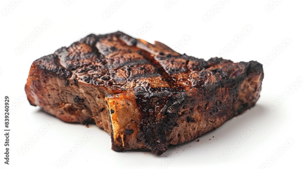 burned steak Isolated on white background. concept of food waste for designer. burned steak Isolated on white background. concept of food waste for designer.