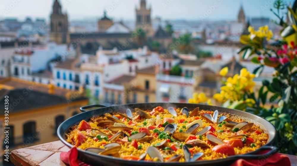 Fototapeta premium paella in Seville, spanish most traditional dish