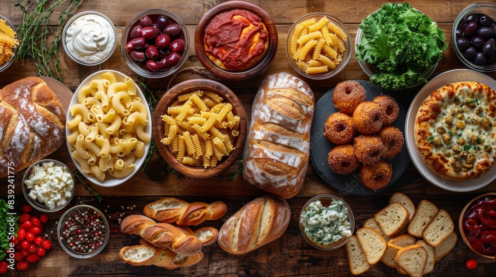 table topped with a variety of gluten containing items including pasta, bread and donuts table topped with a variety of gluten containing items including pasta, bread and donuts