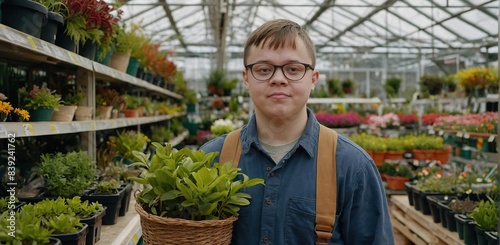 Young man with Down syndrome working in garden centre, carrying basket with plants photo