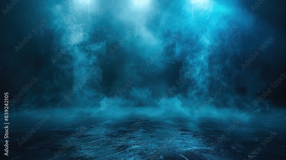 A dark empty street, dark blue background, an empty dark scene, neon light, spotlights 