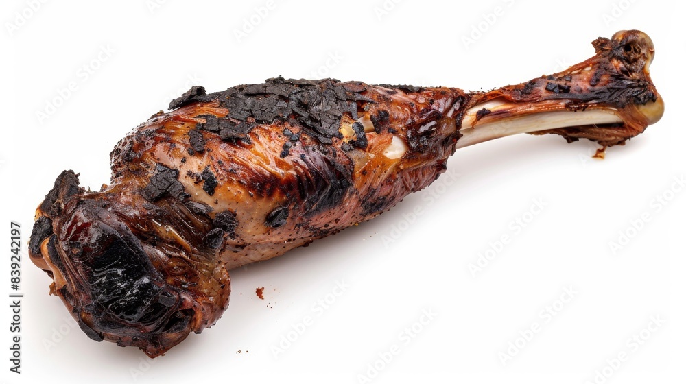 charred turkey leg Isolated on white background. concept of food waste for designer.