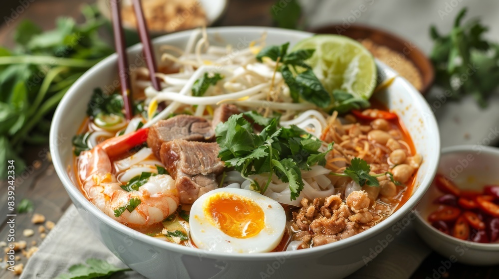 A delicious bowl of hu tieu, a Vietnamese noodle soup with pork, shrimp, and quail eggs, garnished with fresh herbs and lime A delicious bowl of hu tieu, a Vietnamese noodle soup with pork, shrimp, and quail eggs, garnished with fresh herbs and lime