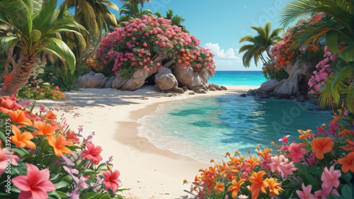 Floral Oasis by the Sea: Summer Beach Scene Enveloped in the Splendor of Tropical Blossoms, Generative AI