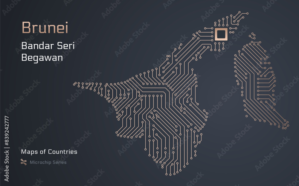 Brunei Map with a capital of Bandar Seri Begawan Shown in a Microchip Pattern with processor. E-government. World Countries vector maps. Microchip Series Brunei Map with a capital of Bandar Seri Begawan Shown in a Microchip Pattern with processor. E-government. World Countries vector maps. Microchip Series