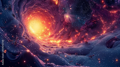 An abstract depiction of a wormhole with stars and light bending around it, featuring tiny, bizarre creatures resembling insects and single-celled organisms. Flat color illustration, shiny, Minimal