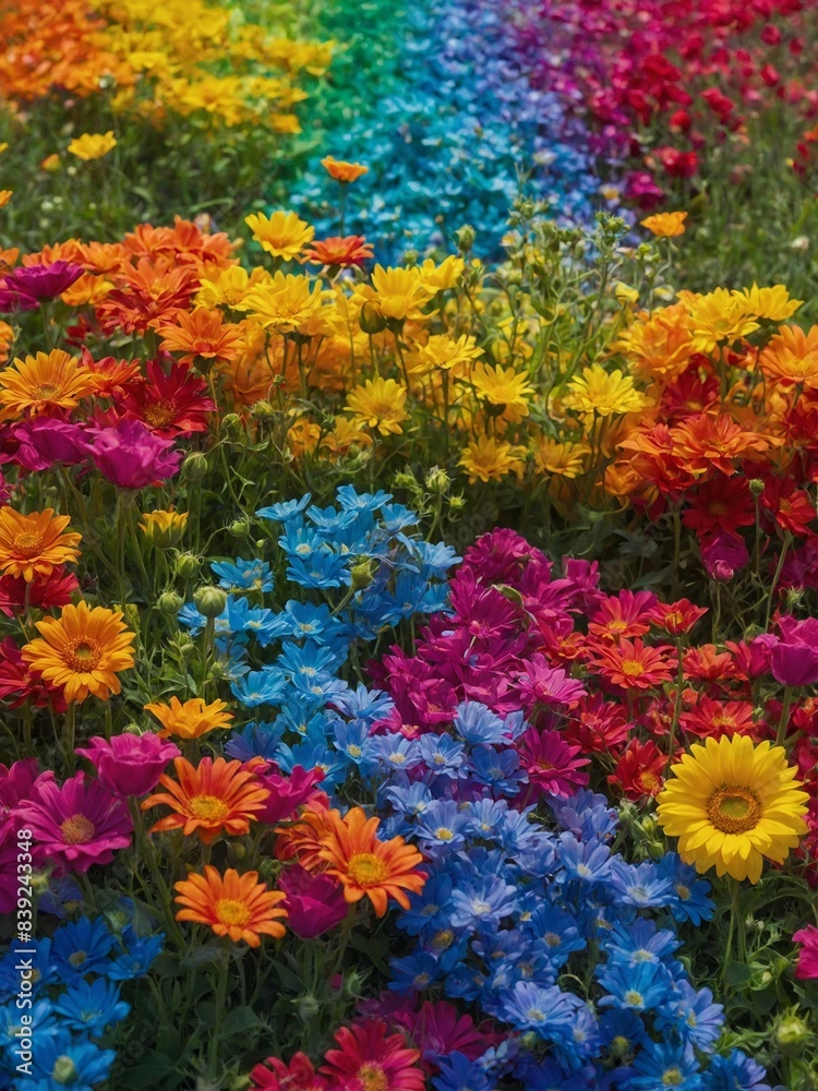 Naklejka premium Vibrant display of multicolored flowers creates stunning visual gradient, transitioning from warm reds, oranges to cool blues, purples across frame.