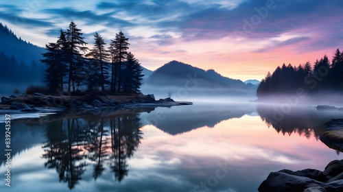 Serene lake at dawn with misty mountains and colorful sky reflecting on the calm water, creating a tranquil and picturesque scene. © king