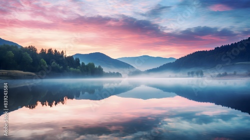 Serene sunrise over a calm lake with stunning mountain reflections  enveloped by a magical mist and vibrant colors in the sky.