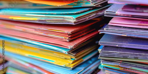 Closeup of brightly colored sheets of stacks of glossy magazines  abstract background
