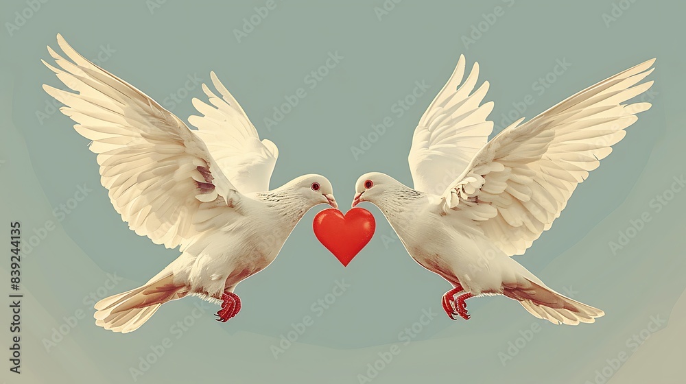 A pair of doves holding a heart banner on a solid sky blue background