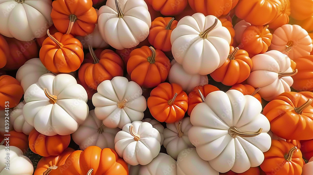 Lots of orange and white pumpkins, festive Halloween pumpkin background Lots of orange and white pumpkins, festive Halloween pumpkin background