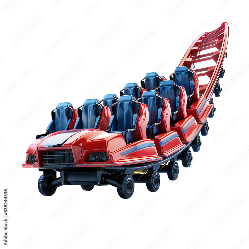 Fototapeta premium A vibrant red roller coaster with multiple seats, designed for thrilling theme park rides and amusement park fun.