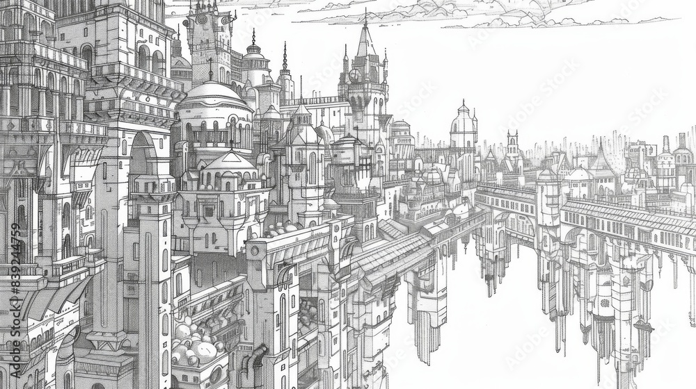 A detailed black and white line drawing of a city skyline, showcasing intricate architectural details and bustling streets A detailed black and white line drawing of a city skyline, showcasing intricate architectural details and bustling streets