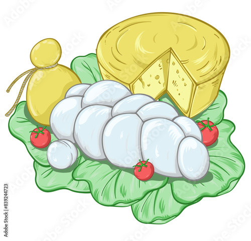 composition of traditional Italian cheeses on a plate of lettuce. vector illustration