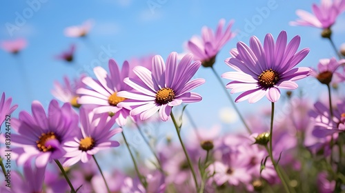 Beautiful purple daisies bloom under a clear blue sky  creating a vibrant and serene spring scene in a sunlit field.