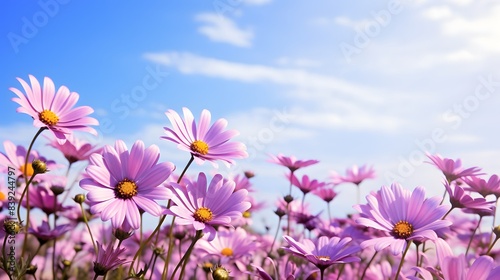 A vibrant field of pink flowers basking under a clear blue sky  creating a serene and lively outdoor scene.