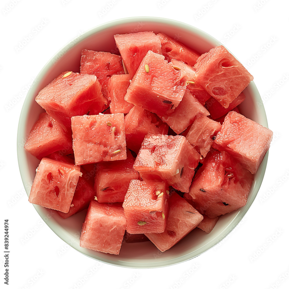 Bowl of fresh juicy watermelon cubes viewed from above, perfect for summer snacks, refreshing and healthy. Bowl of fresh juicy watermelon cubes viewed from above, perfect for summer snacks, refreshing and healthy.