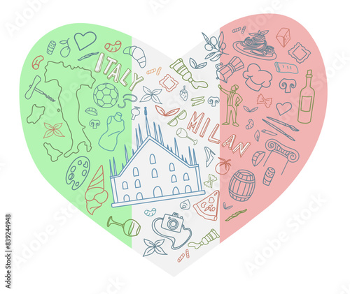 Tourism design icon of the famous city of Milan on heart background. vector illustration