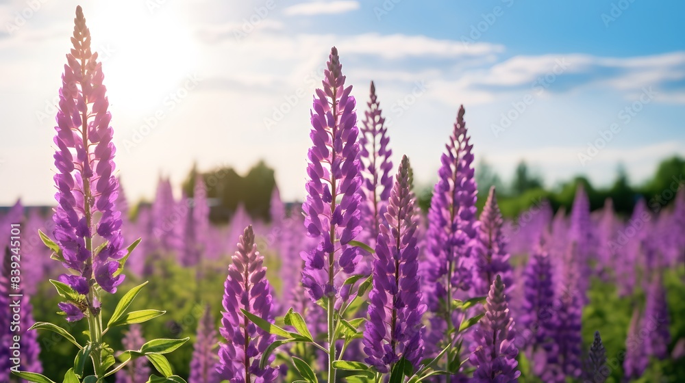 Fototapeta premium Vibrant purple lupine flowers basking in the warm sunlight on a bright, clear day, creating a beautiful natural scene.