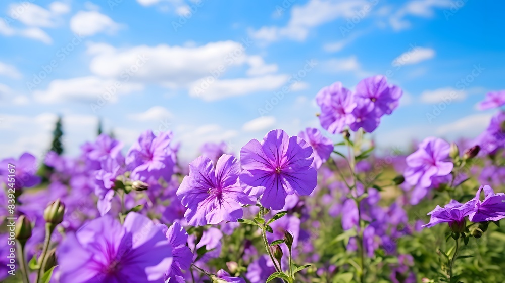 Obraz premium A vibrant field of purple flowers stretches under a bright blue sky with scattered clouds, capturing the essence of a perfect spring day.