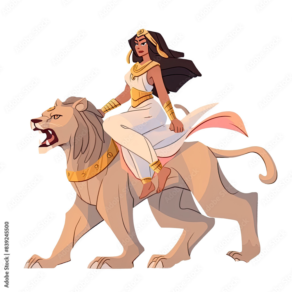 An illustration of a woman in white clothing riding a lion with a golden necklace An illustration of a woman in white clothing riding a lion with a golden necklace