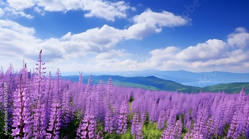 A vast field of vibrant purple flowers extends to the horizon under a bright blue sky with fluffy clouds  creating a stunning natural landscape.