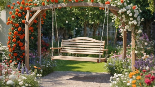 Swing Among Flowers: Wooden Garden Swing Delighting in the Beauty of a Flowering Backdrop, Generative AI