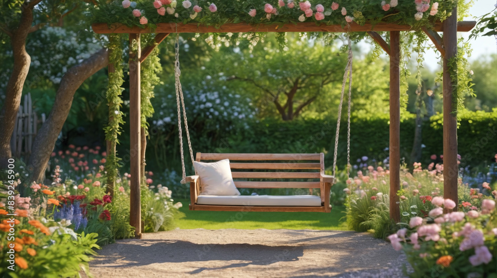 Garden Tranquility Haven: Wooden Garden Swing Surrounded by a Lush Flowering Backdrop, Generative AI Garden Tranquility Haven: Wooden Garden Swing Surrounded by a Lush Flowering Backdrop, Generative AI