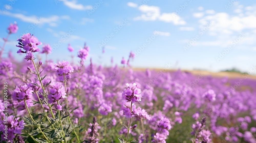 Obraz premium A stunning field of vibrant purple wildflowers blooms under a clear blue sky, basking in the warmth of a sunny day.