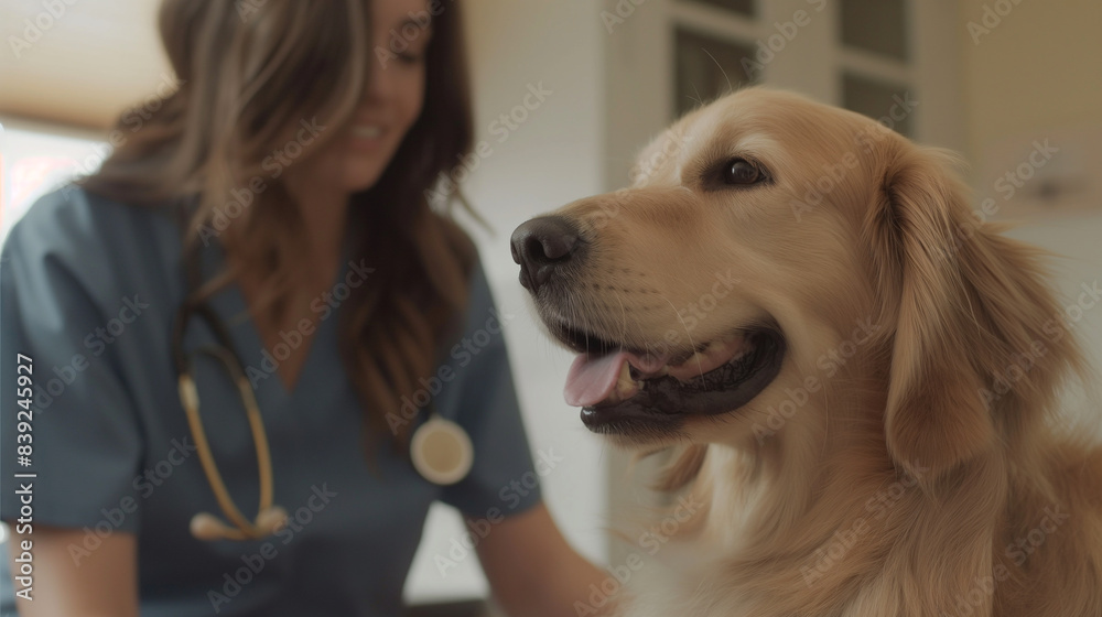 In a contemporary veterinary clinic, a golden retriever enjoys a check-up visit with a beautiful female vet, showcasing care, health, and happiness. In a contemporary veterinary clinic, a golden retriever enjoys a check-up visit with a beautiful female vet, showcasing care, health, and happiness.