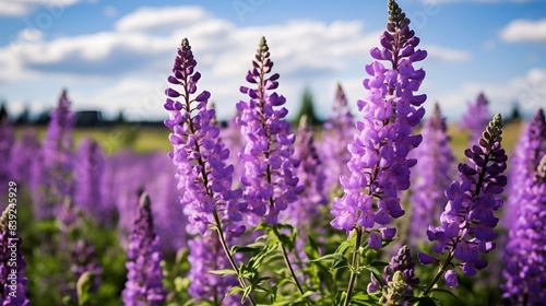 Vibrant purple lupine flowers in full bloom under a clear blue sky  capturing the essence of spring in a serene and lush field.