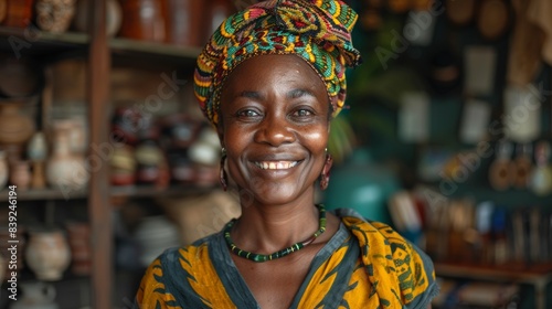 Happy Woman in Colorful Headwrap in Market photo