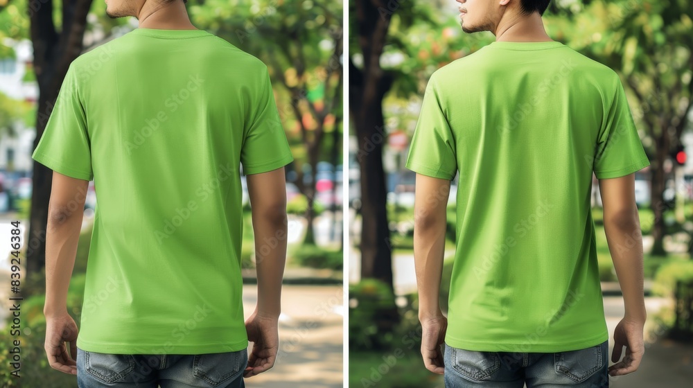 Obraz premium photo of mockup showing a T-shirt, one front-view facing front and one back-view facing the back side by side, T-shirt color is medium tone bright leafy green, T-shirt is plain with no wrinkles and ov