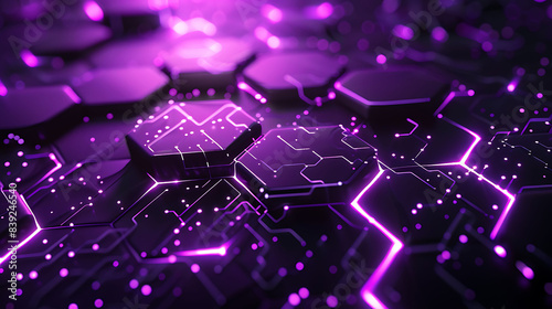 Close-up of interconnected hexagons with glowing purple edges on a dark background, symbolizing advanced digital connectivity photo