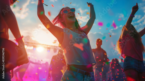 A vibrant scene of teenagers hanging out at a music festival, dancing and enjoying live performances under the open sky.