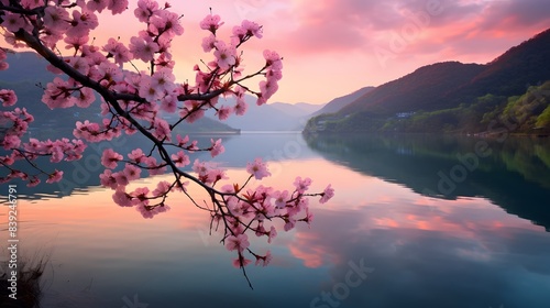 Beautiful spring blossom at sunset reflecting in serene lake waters with mountains in the background, creating a tranquil and colorful scenery. © king