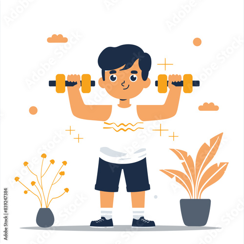 Young boy exercises lifting dumbbells, healthy lifestyle concept. Indoor home workout, male character sportswear, fitness activity. Plant pot, decorative elements, simple flat design