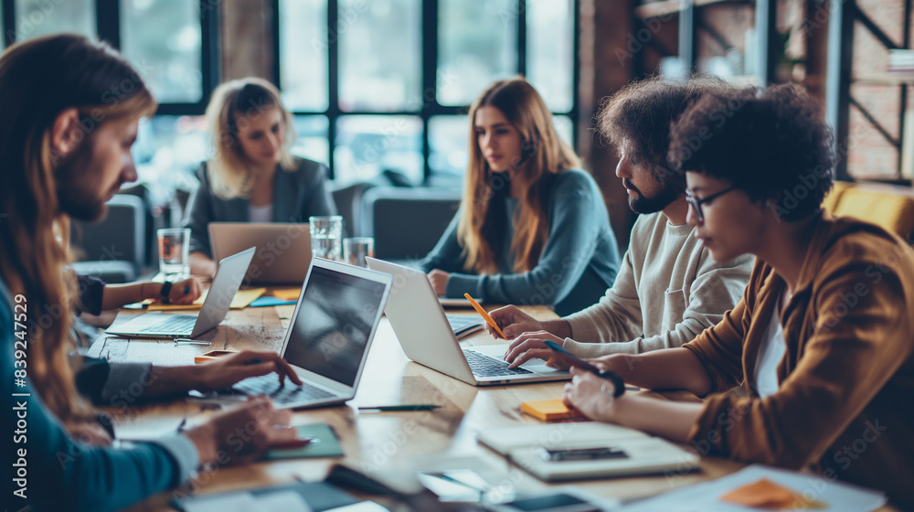 A group of colleagues working together on a project in a sleek, open-plan office, with laptops and digital tools enhancing their productivity. A group of colleagues working together on a project in a sleek, open-plan office, with laptops and digital tools enhancing their productivity.