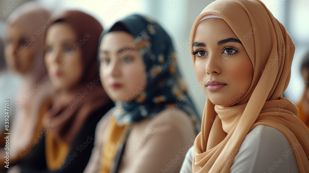 A group of young, diverse Muslim women in hijabs attending a modern Islamic seminar, engaged in learning and community building. A group of young, diverse Muslim women in hijabs attending a modern Islamic seminar, engaged in learning and community building.
