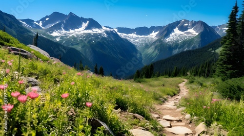 A scenic mountain trail winds through a lush meadow with pink wildflowers  leading to a breathtaking view of snow-capped peaks under a clear blue sky.