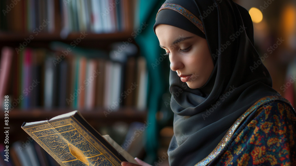 A modern Muslim woman in hijab, reading the Quran on a digital device, integrating faith with modern technology.
