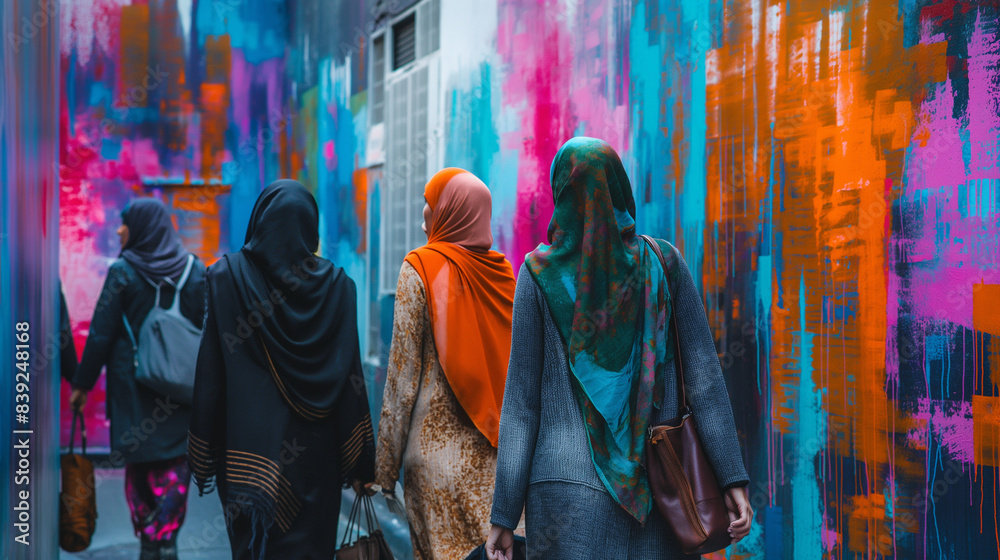 A vibrant street scene with modern Muslim women in hijabs, showcasing their faith and fashion in a cosmopolitan setting.