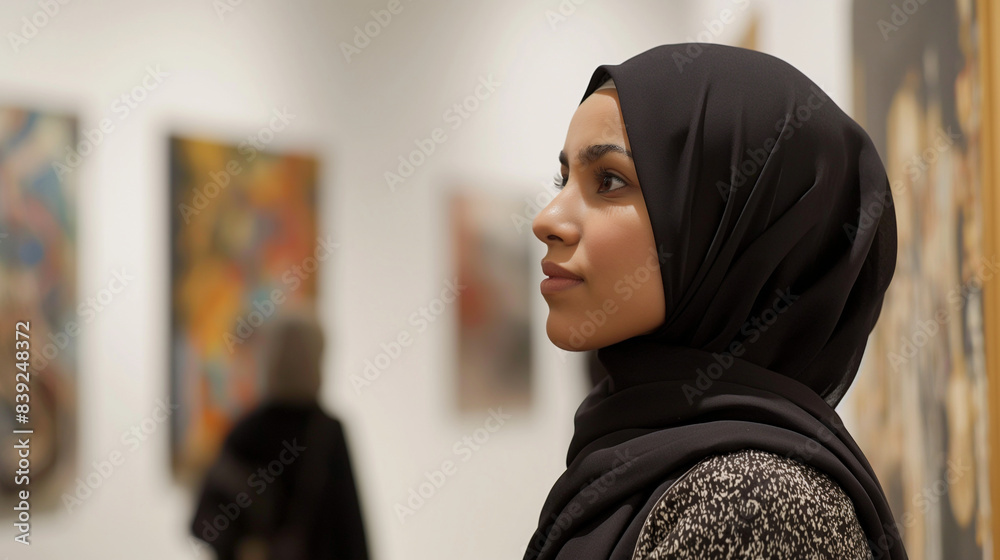 A modern Muslim woman in hijab, reflecting on her faith while visiting a contemporary Islamic art exhibit. A modern Muslim woman in hijab, reflecting on her faith while visiting a contemporary Islamic art exhibit.