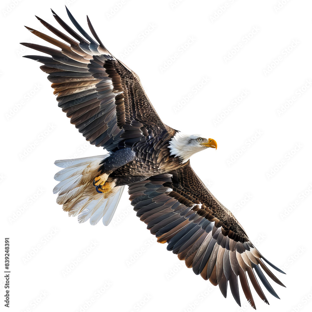 Majestic bald eagle soaring in the sky with wings fully spread, showcasing its powerful and graceful presence. Majestic bald eagle soaring in the sky with wings fully spread, showcasing its powerful and graceful presence.