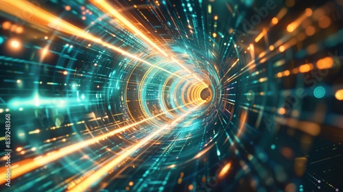 abstract futuristic background portal tunnel with yellow blue and green glowing neon moving high speed wave lines. Data transfer concept. Technology background
