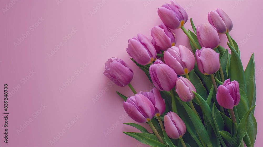 Fototapeta premium Purple tulips on a pastel seafoam green background with plenty of space for copy