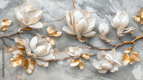 A painting of a bouquet of white flowers with gold accents