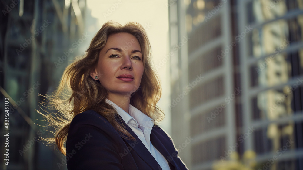 Fototapeta premium A strong and confident woman, who embodies the spirit of protagonism and admiration. She is 40 years old, an entrepreneur who lives in an urban environment with modern skyscrapers in the background
